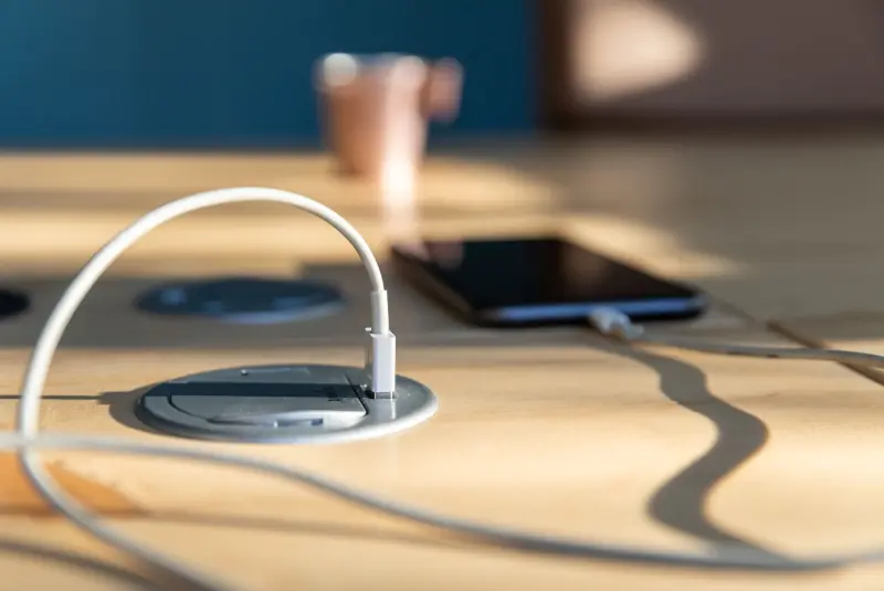 Prise intégrée à la table en bois pour recharger son téléphone